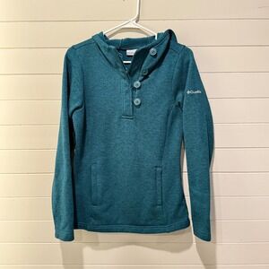 Columbia Women's Sweater-Knit Fleece Hoodie Teal Button Cowl Neck Pullover Small